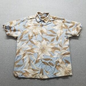 Cubavera Shirt Men Large Blue Hawaiian Floral Button Up Short Sleeve Linen Blend